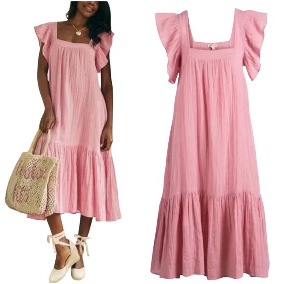 NWT Ophelia & Indigo Flora Dress in pink M medium midi flutter sleeve cotton - Picture 1 of 9